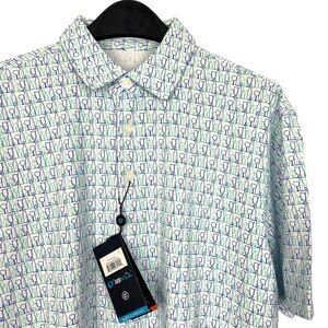New IBKUL Mens Large HAPPY HOUR Quick Dry Stretch Golf‎ Polo Cocktails Mint Blue